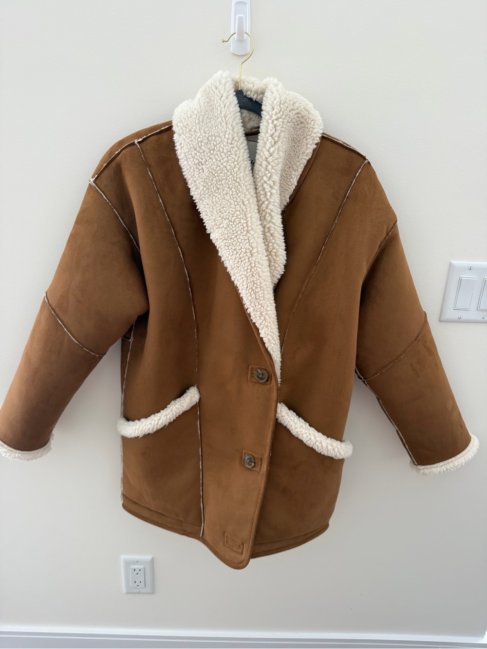 Wilfred Brown Faux Suede Puffer Jacket with Cream Shearling Trim